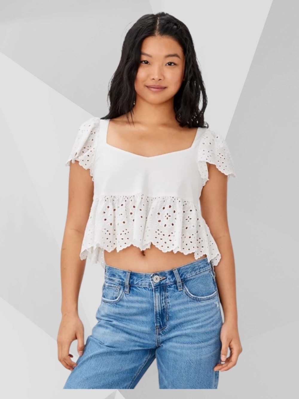 AMERICAN EAGLE Ruffle Sleeve Babydoll Crop Top. Eyelet. Smocked. White. XL NWT